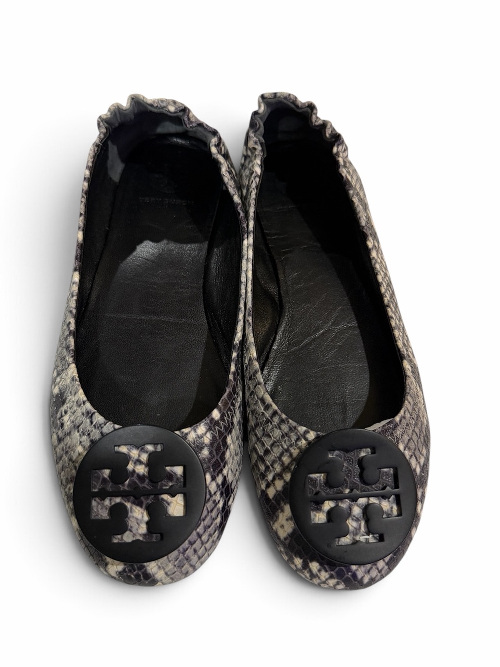 Tory Burch Snake-Print Reva Ballet Flats in Black/Beige